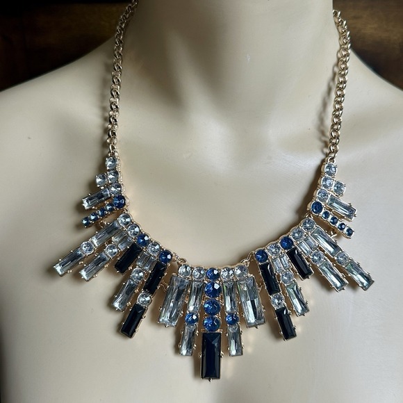 Avon Statement‎ Bib Necklace 18" Blue Black Clear Crystal Rhinestone Gold Plated - Picture 1 of 10